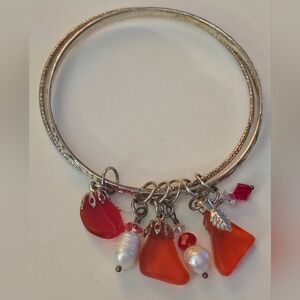 Seaglass And Pearl Drop Charms Bangle Bracelet